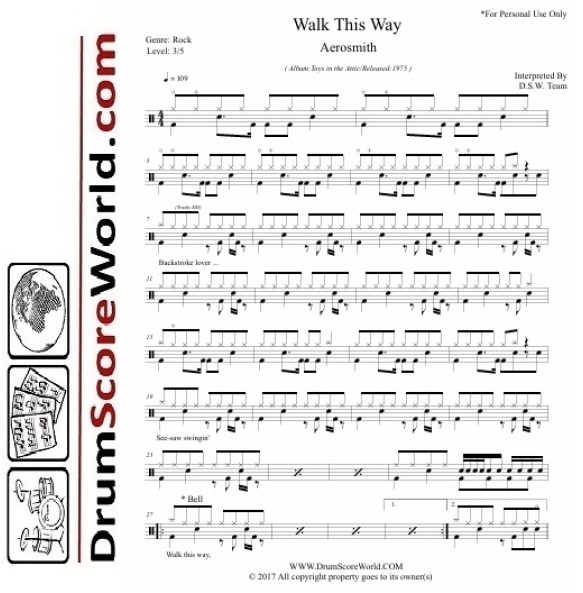 Aerosmith - Walk This Way - Drum Sheet + Play-Along Track